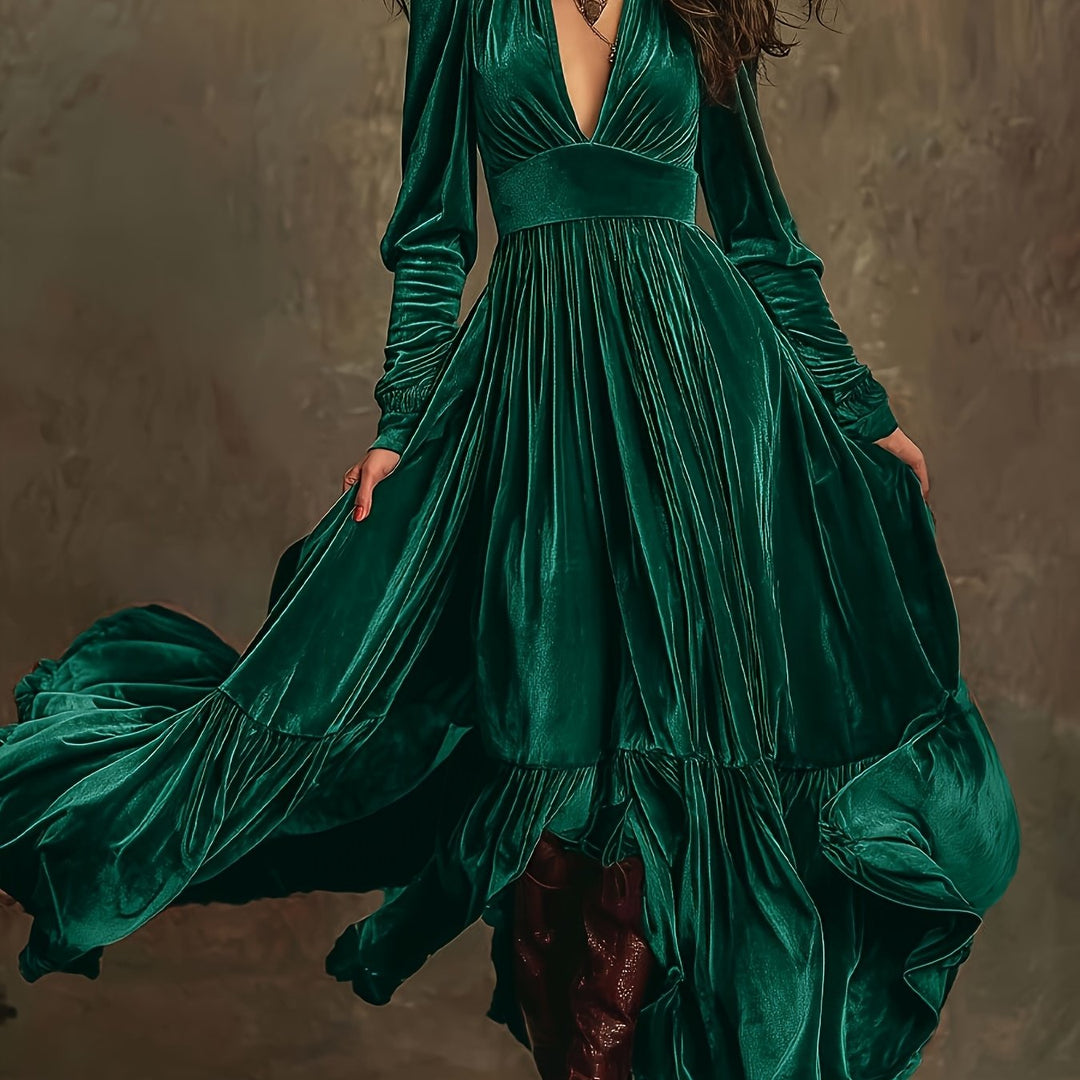 Elegant Velvet Maxi Dress for Women with Plunging V Neck Long Sleeve Tiered Ruffle Flowing Style