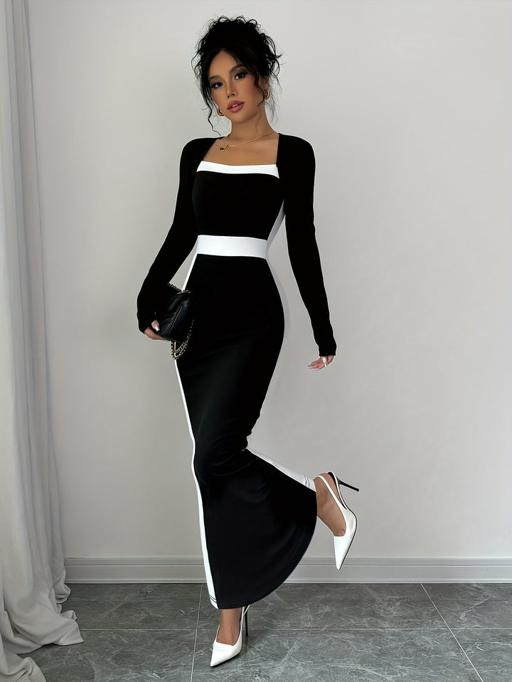 Elegant Black Colorblock Maxi Dress for Women with Square Neck Long Sleeve Bodycon Column Style