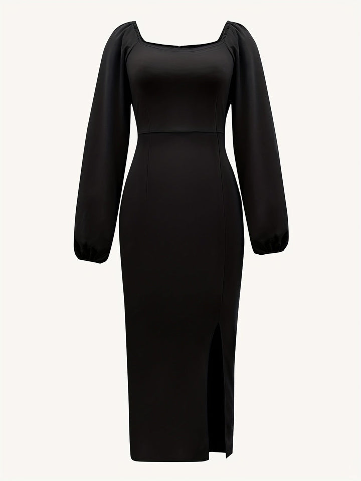 Elegant Bodycon Midi Dress for Women with Square Neck Long Puff Sleeve Side Slit Cocktail Style
