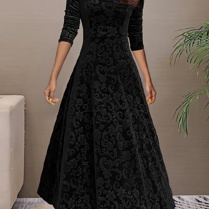 Elegant Velvet Floral Maxi Dress for Women with V Neck Long Sleeve A Line Flowing Formal Style