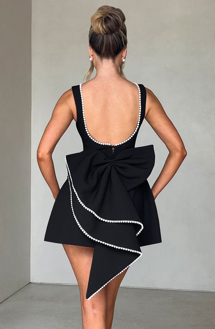 Elegant Pearl Trim Mini Dress for Women with Bateau Neck Sleeveless Bow Back Fit and Flare Cocktail Style