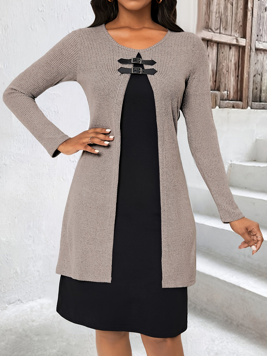 Elegant Ribbed Knit Two Tone Midi Dress for Women with Round Neck Long Sleeve Buckle Detail Layered Style