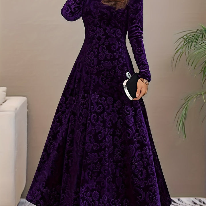 Elegant Velvet Floral Maxi Dress for Women with V Neck Long Sleeve A Line Flowing Formal Style