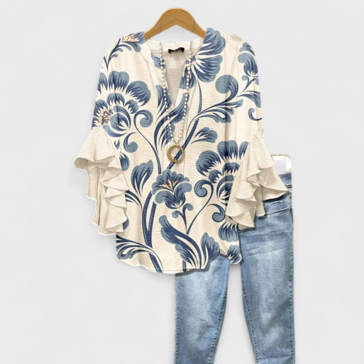Effortless Floral Print Blouse for Women with V Neck Bell Sleeve Ruffled Relaxed Tunic Style