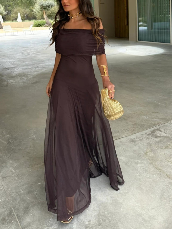 Elegant Mesh Maxi Dress for Women with Off Shoulder Ruched Sleeve Sheer Flowing Style