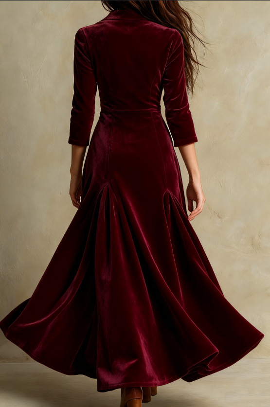 Elegant Velvet Maxi Dress for Women with Notch Collar Three Quarter Sleeve Button Front Flowing Vintage Style