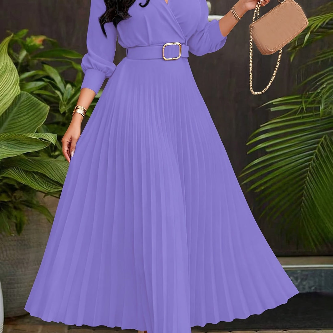 Elegant Pleated Wrap Maxi Dress for Women with Collar V Neck Balloon Sleeve Belted Flowing Style