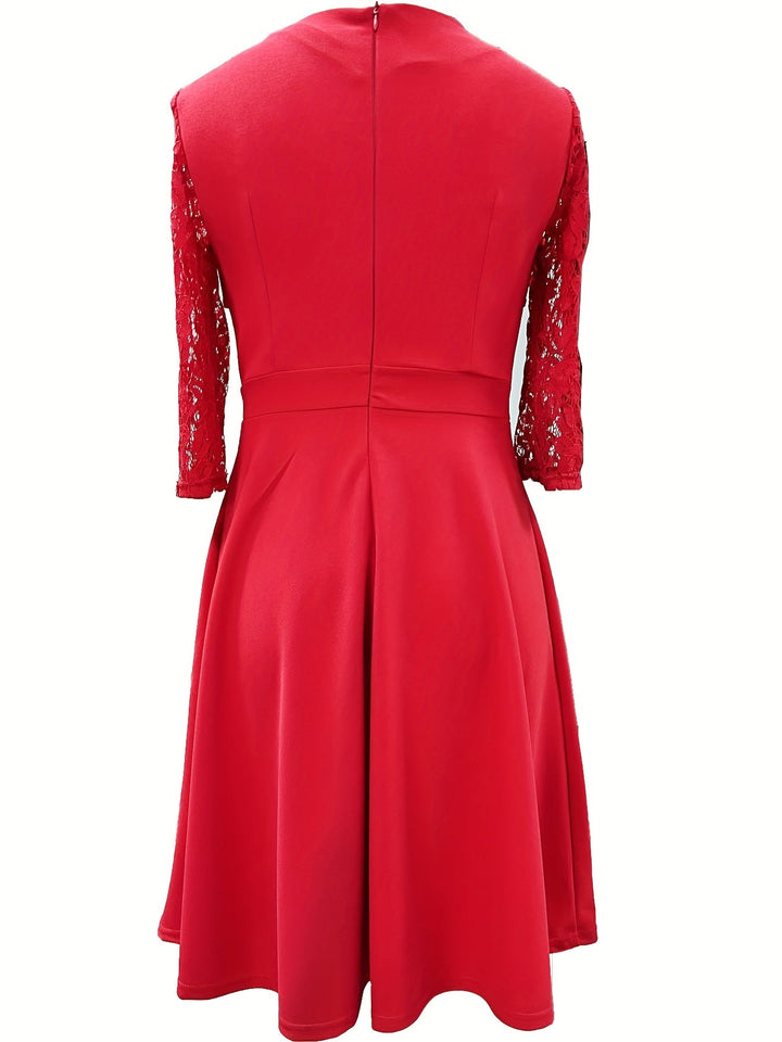 Elegant Lace Midi Dress for Women with Square Neck Three Quarter Sleeve Fit and Flare Cocktail Style