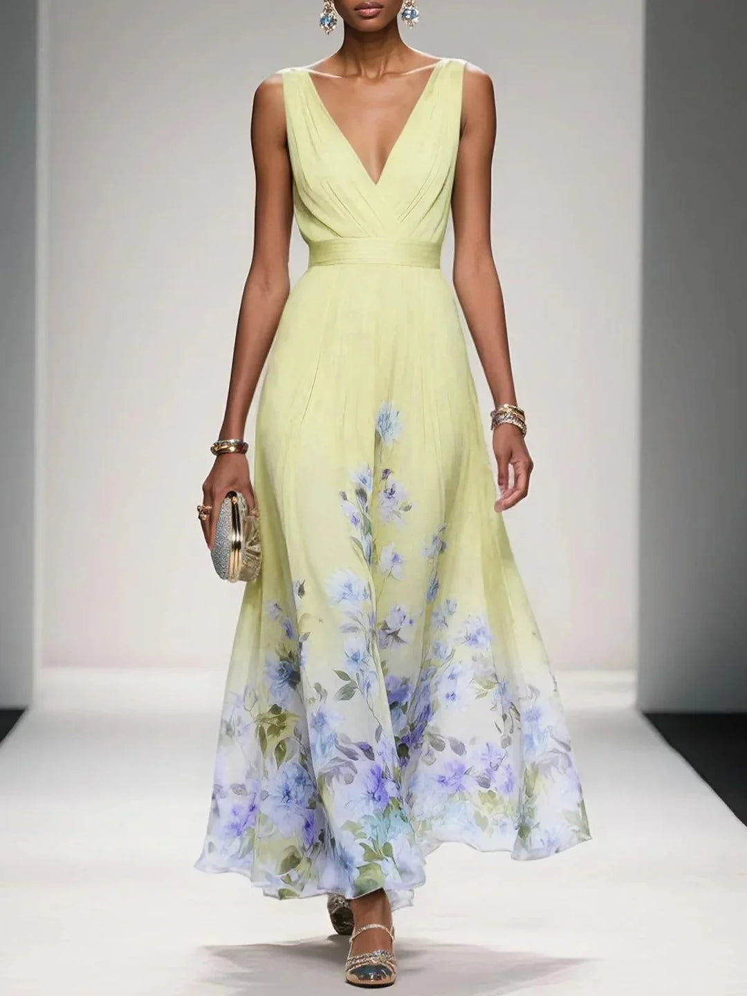 Effortless Floral Maxi Dress for Women with V Neck Sleeveless Flowing Formal Wedding Guest Style