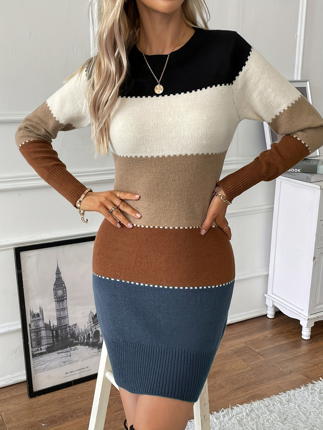 Elegant Colorblock Sweater Dress for Women with Crew Neck Long Sleeve Bodycon Knit Style