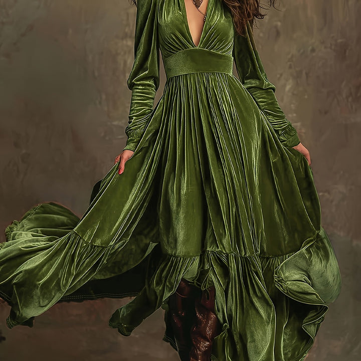 Elegant Velvet Maxi Dress for Women with Plunging V Neck Long Sleeve Tiered Ruffle Flowing Style