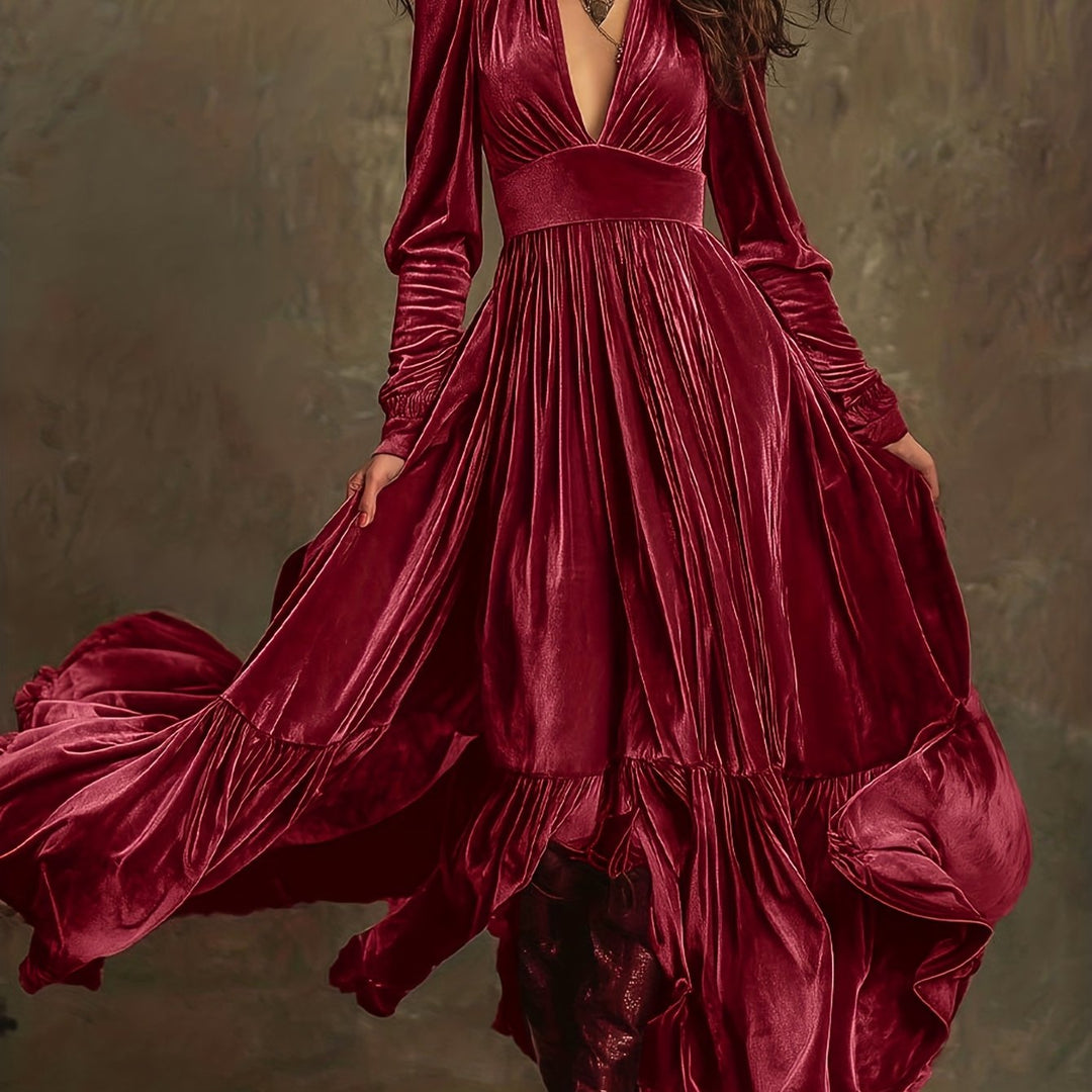 Elegant Velvet Maxi Dress for Women with Plunging V Neck Long Sleeve Tiered Ruffle Flowing Style