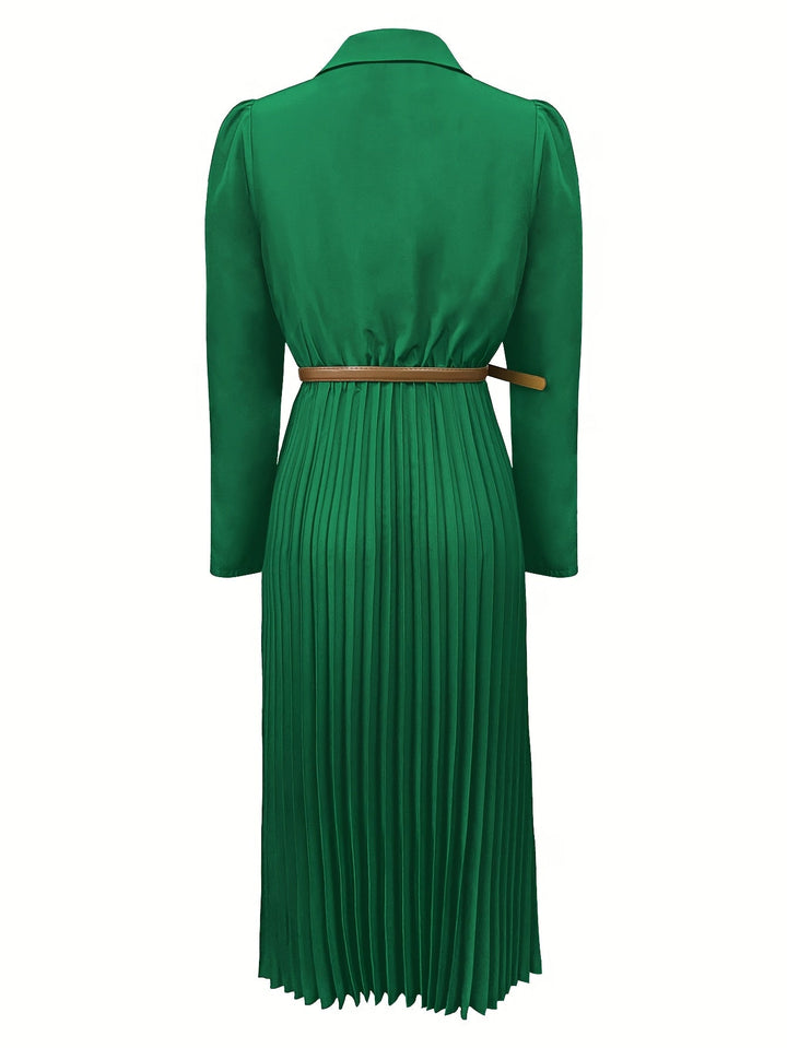 Elegant Pleated Shirt Dress for Women with Collar Long Sleeve Belted Flowing Style