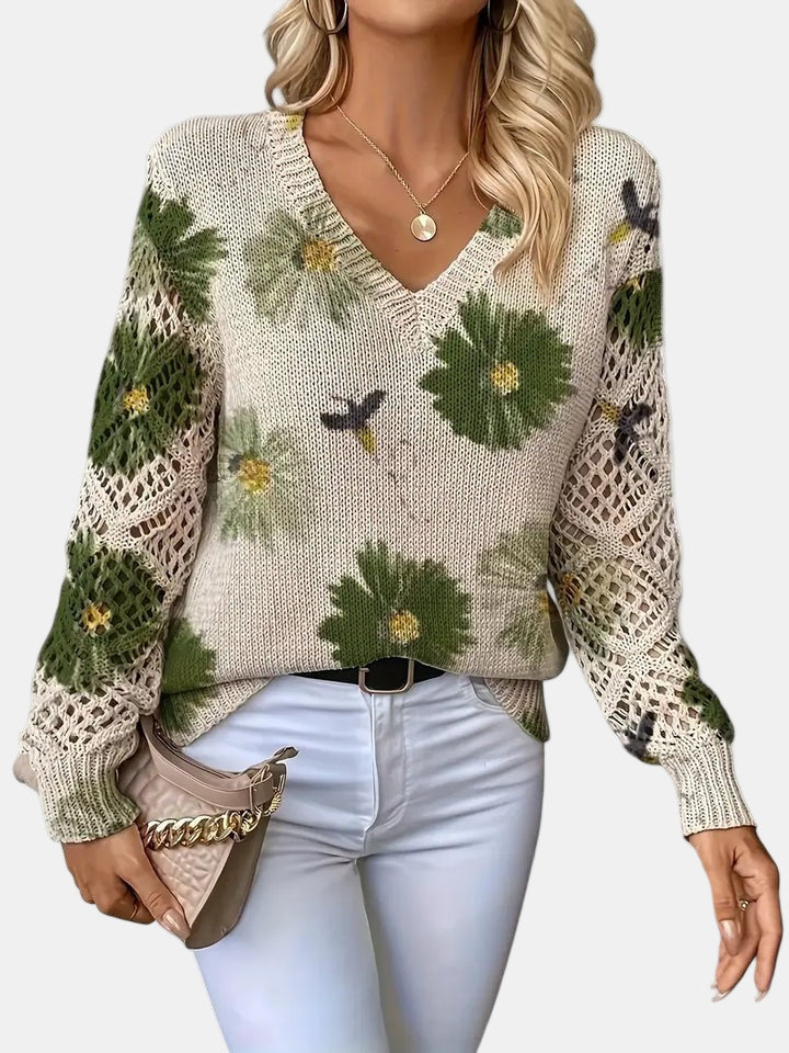 Comfortable Floral Crochet Sweater for Women with V Neck Long Sleeve Oversized Knit Style