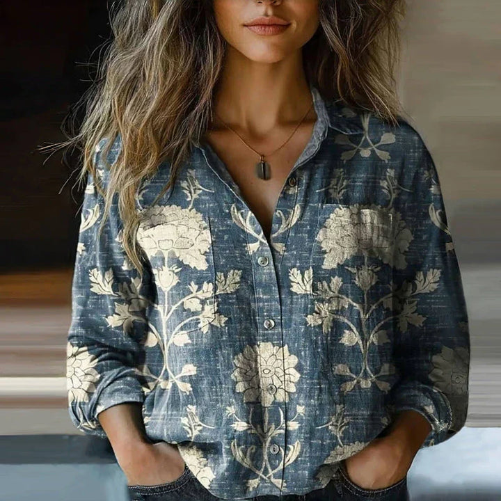 Effortless Boho Print Linen Blouse for Women with Collar Long Sleeve Button Front Relaxed Style