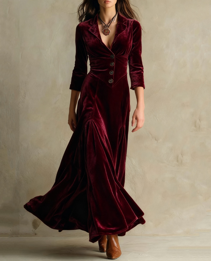 Elegant Velvet Maxi Dress for Women with Notch Collar Three Quarter Sleeve Button Front Flowing Vintage Style