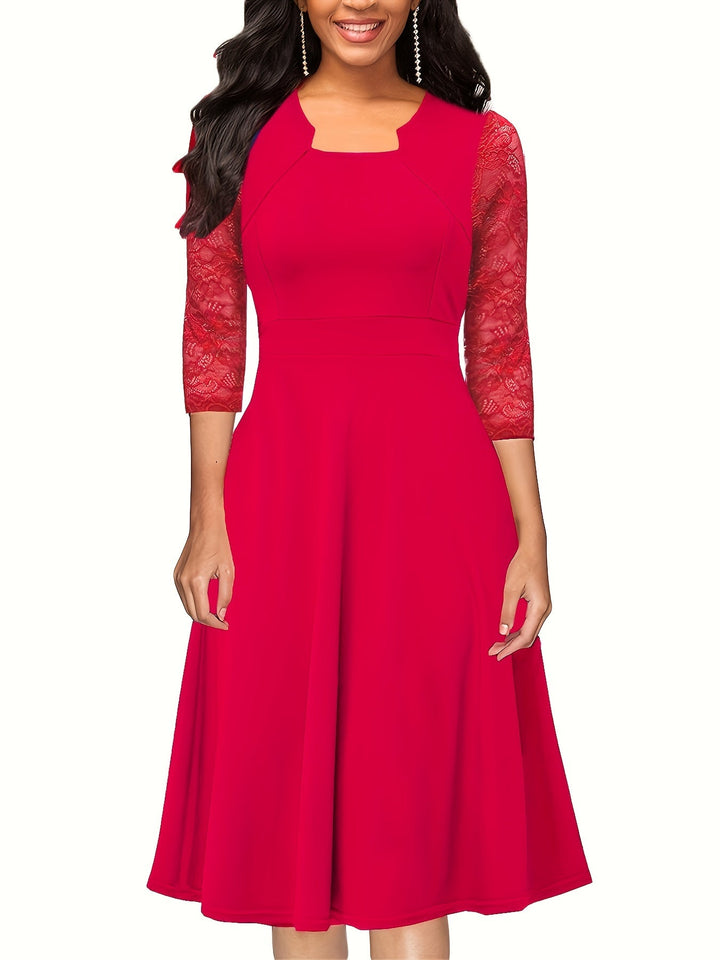 Elegant Lace Midi Dress for Women with Square Neck Three Quarter Sleeve Fit and Flare Cocktail Style