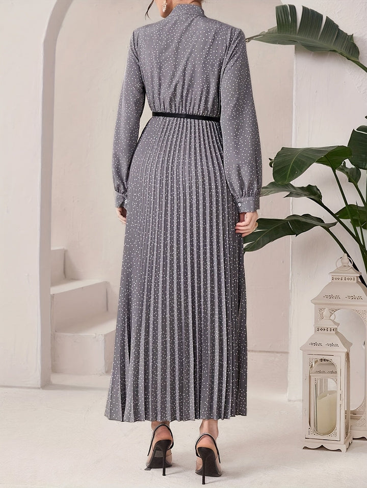 Elegant Polka Dot Maxi Dress for Women with Tie Neck Long Sleeve Pleated Belted Flowing Style