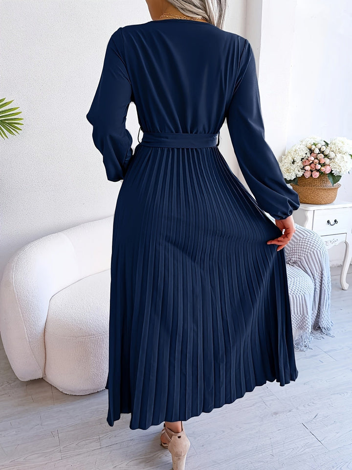 Elegant Pleated Wrap Maxi Dress for Women with V Neck Long Sleeve Belted Flowing Style