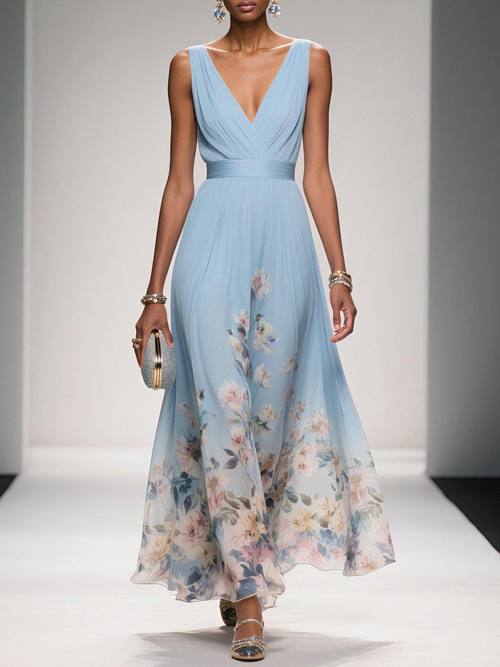 Effortless Floral Maxi Dress for Women with V Neck Sleeveless Flowing Formal Wedding Guest Style