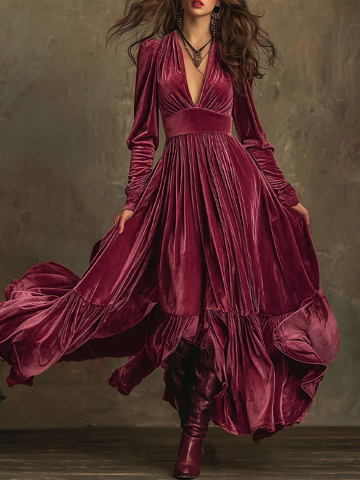 Elegant Velvet Maxi Dress for Women with Plunging V Neck Long Sleeve Tiered Ruffle Flowing Style