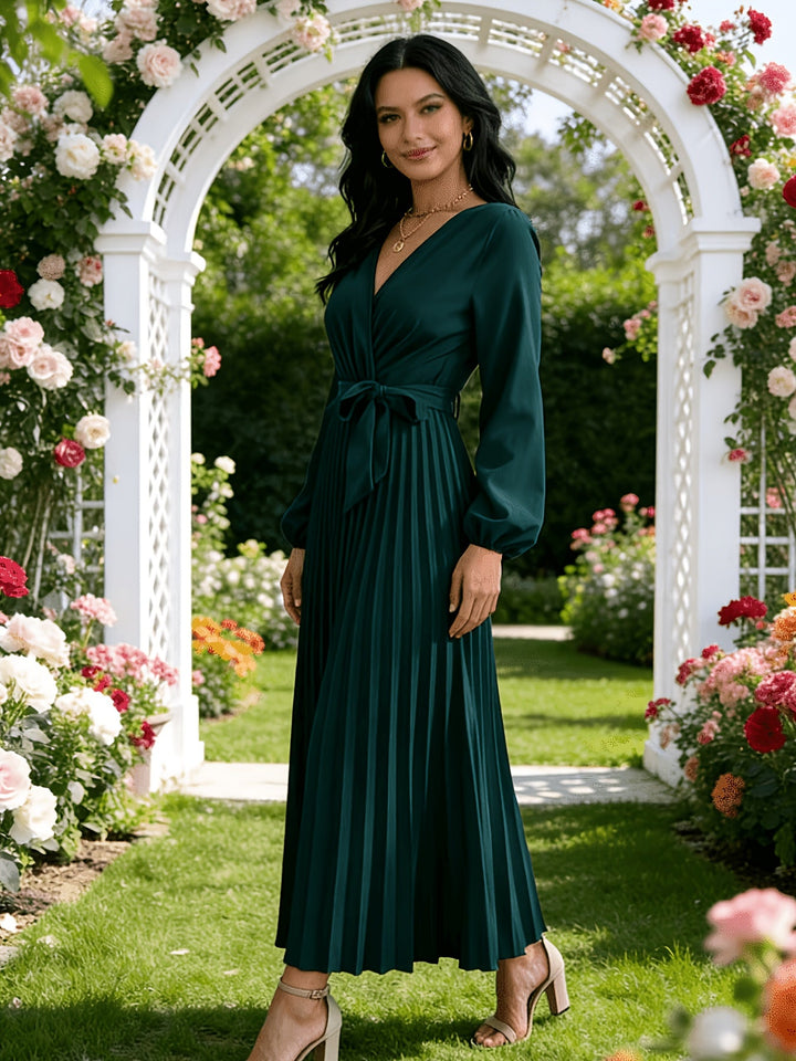 Elegant Pleated Wrap Maxi Dress for Women with V Neck Long Sleeve Belted Flowing Style