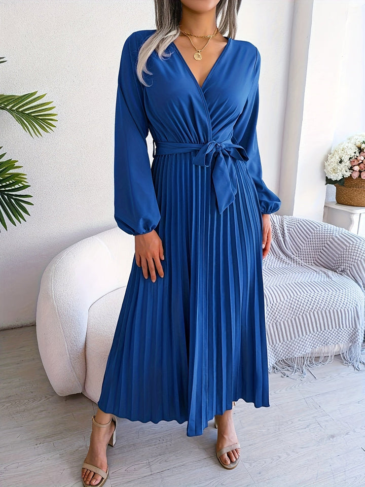 Elegant Pleated Wrap Maxi Dress for Women with V Neck Bishop Sleeve Belted Flowing Style