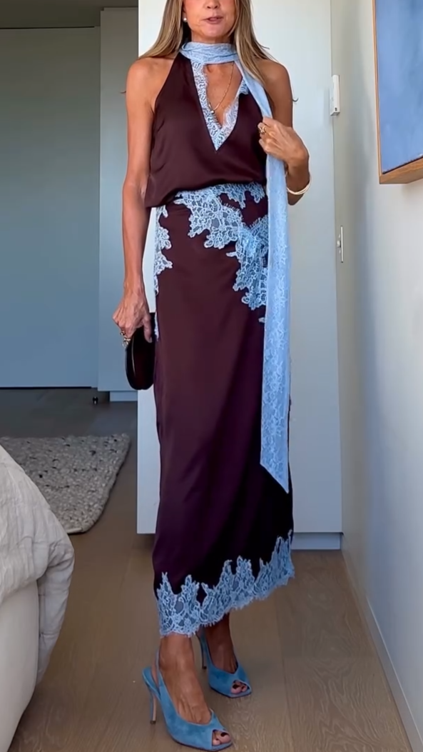 Elegant Brown Satin Two Piece Set for Women with Halter Neck Lace Trim Maxi Skirt Formal Wedding Guest Style