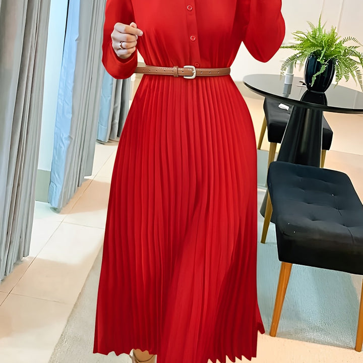 Elegant Pleated Shirt Dress for Women with Collar Long Sleeve Belted Flowing Style