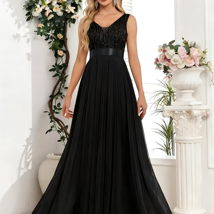 Elegant Embroidered Sequin Maxi Dress for Women with V Neck Sleeveless A Line Formal Wedding Guest Style