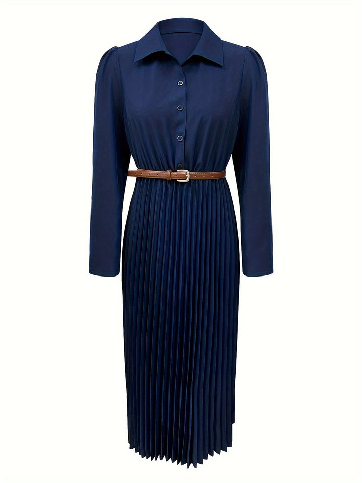 Elegant Pleated Shirt Dress for Women with Collar Long Sleeve Belted Flowing Style