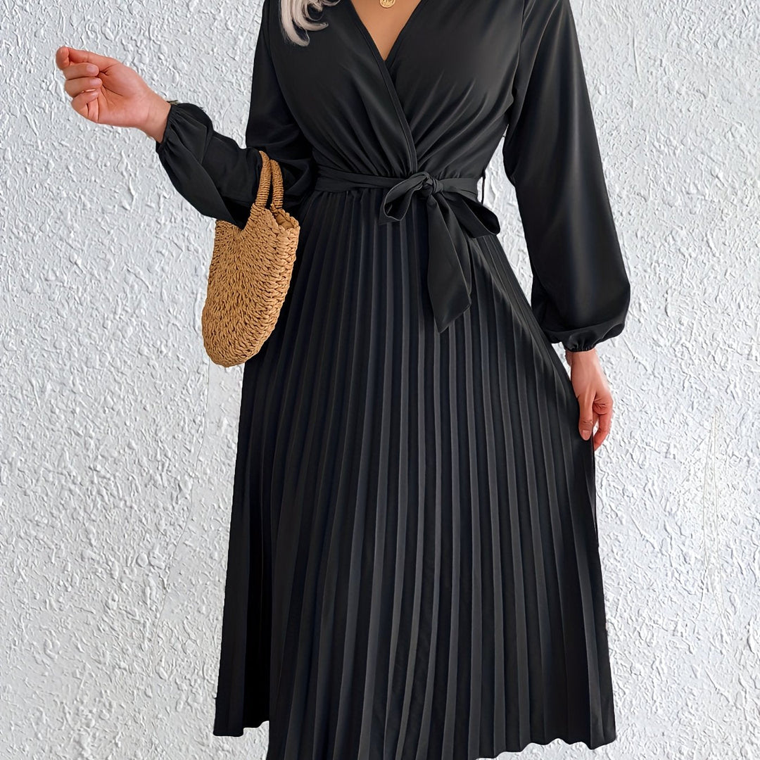Elegant Pleated Wrap Maxi Dress for Women with V Neck Bishop Sleeve Belted Flowing Style