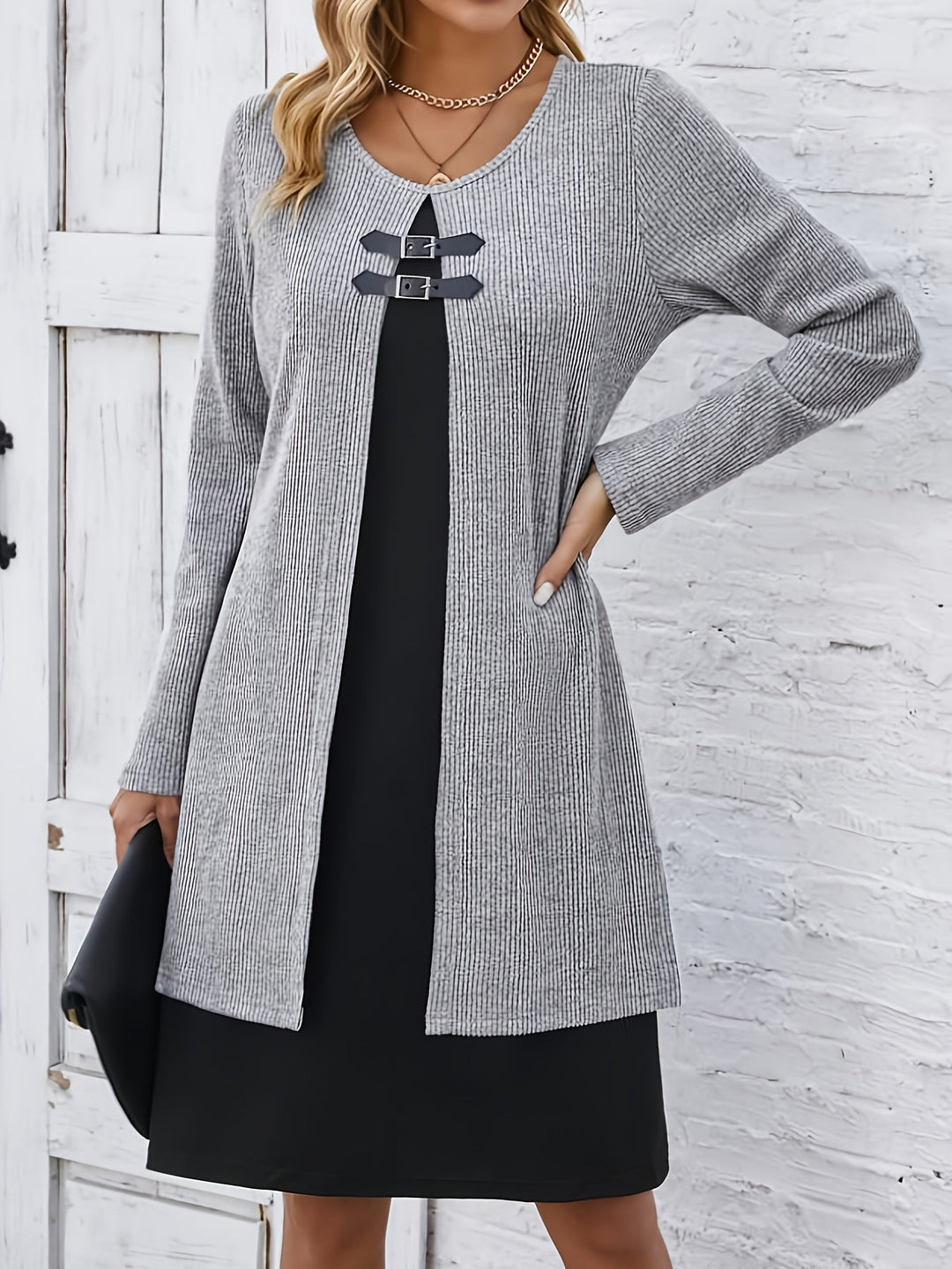 Elegant Ribbed Knit Two Tone Midi Dress for Women with Round Neck Long Sleeve Buckle Detail Layered Style