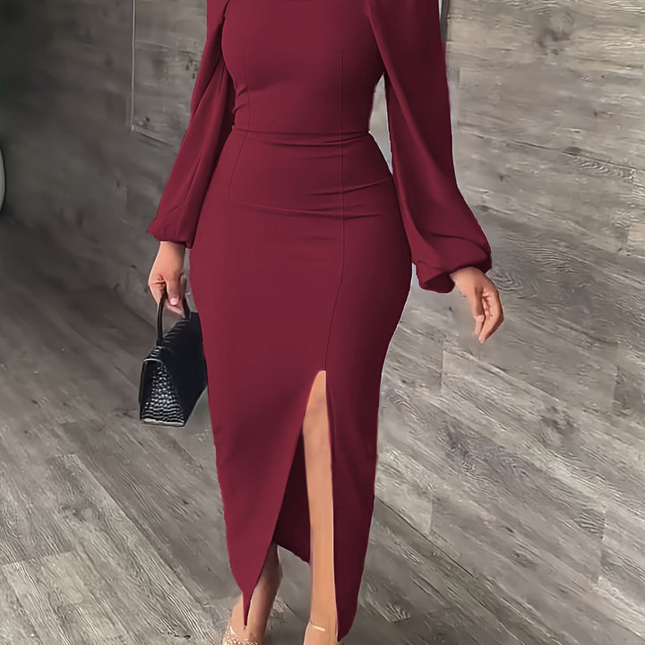 Elegant Bodycon Midi Dress for Women with Square Neck Long Puff Sleeve Side Slit Cocktail Style