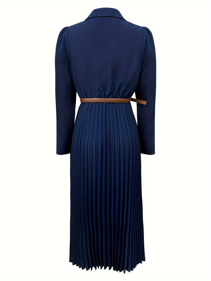 Elegant Pleated Shirt Dress for Women with Collar Long Sleeve Belted Flowing Style