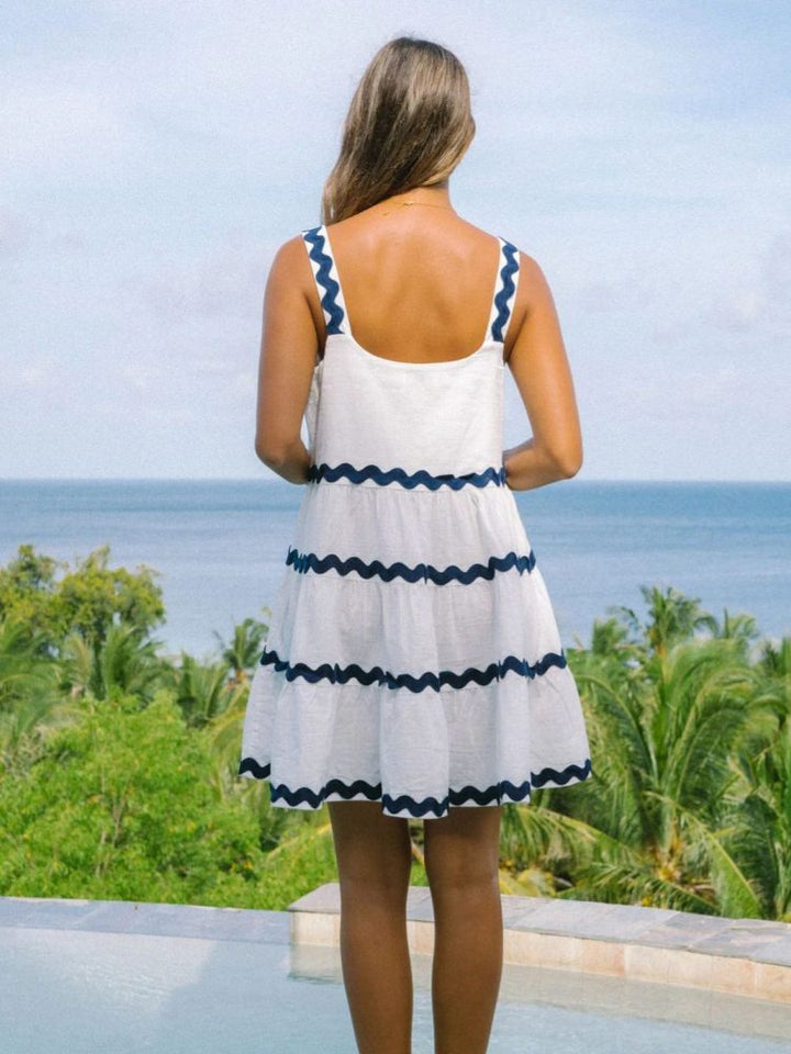Effortless Ric Rac Trim Tiered Mini Dress for Women with Square Neck Sleeveless Ruffle Hem Bohemian Style