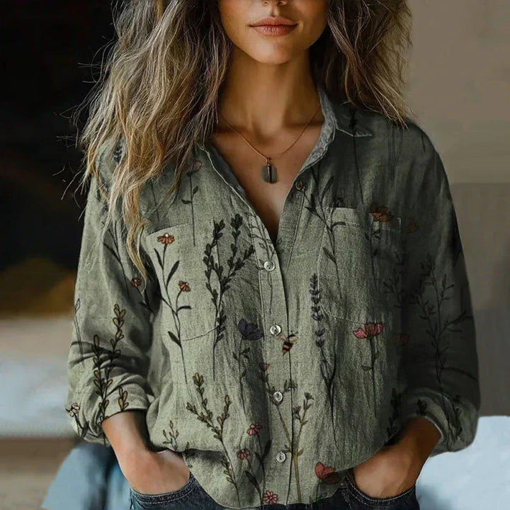 Effortless Boho Print Linen Blouse for Women with Collar Long Sleeve Button Front Relaxed Style