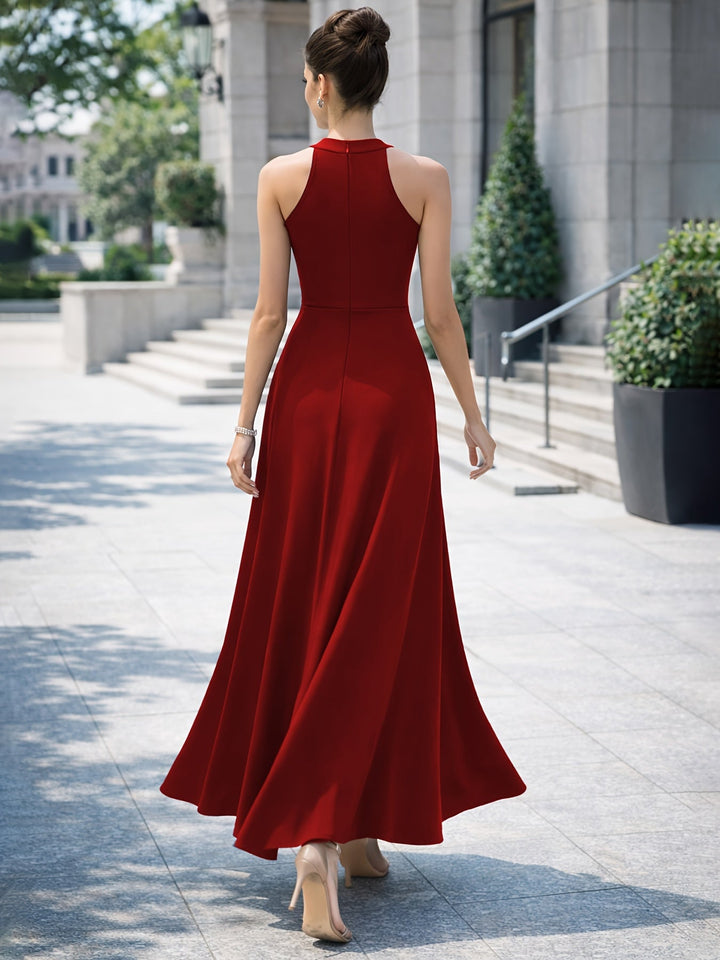 Elegant Satin Maxi Dress for Women with Halter Neck High Slit A Line Formal Wedding Guest Style