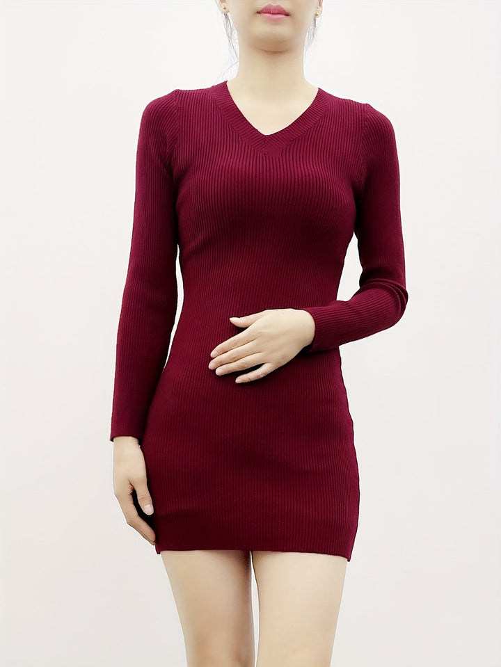 Elegant Ribbed Sweater Mini Dress for Women with V Neck Long Sleeve Bodycon Knit Style