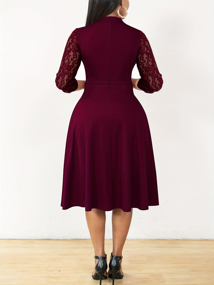 Elegant Lace Midi Dress for Women with Notch Neck Three Quarter Sleeve Fit and Flare Cocktail Style