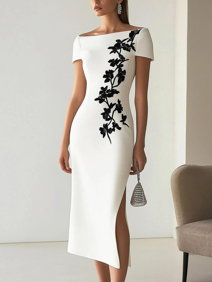 Elegant White Floral Lace Midi Dress for Women with Boat Neck Short Sleeve Side Slit Sheath Style