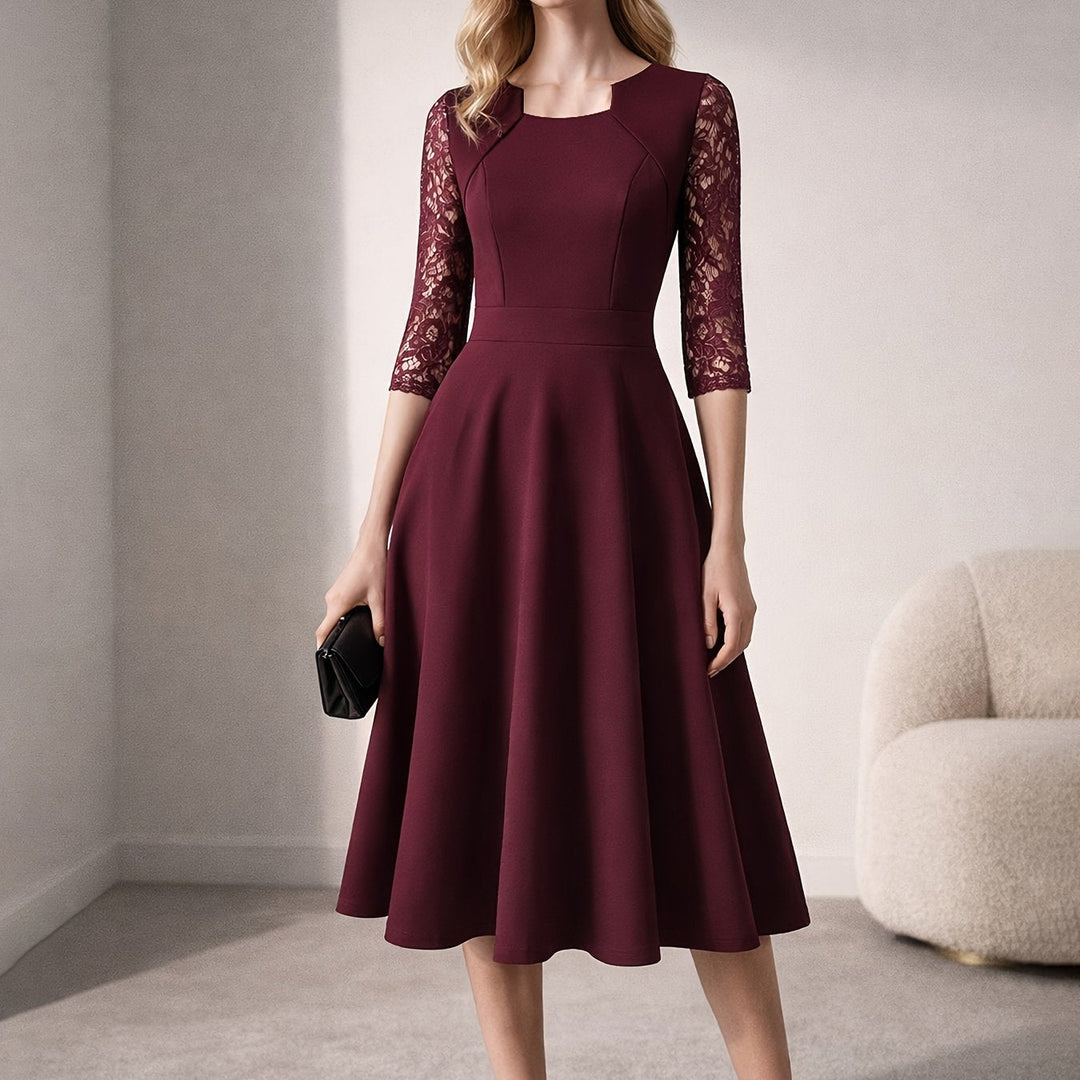 Elegant Lace Midi Dress for Women with Square Neck Three Quarter Sleeve Fit and Flare Cocktail Style