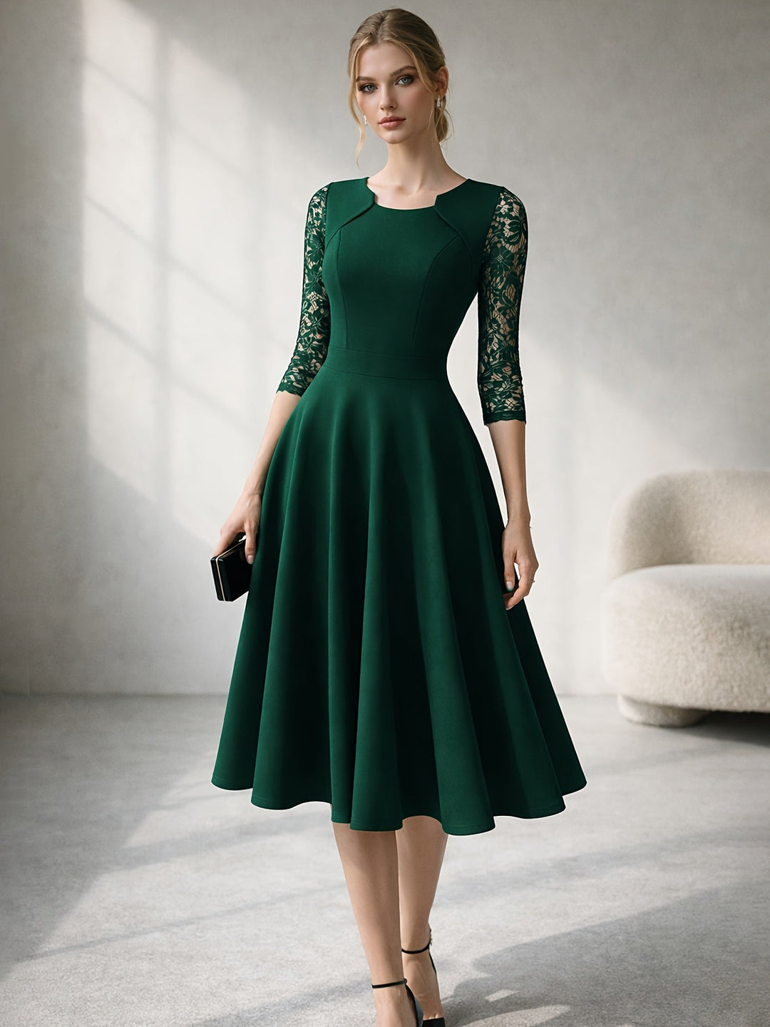 Elegant Lace Midi Dress for Women with Square Neck Three Quarter Sleeve Fit and Flare Cocktail Style