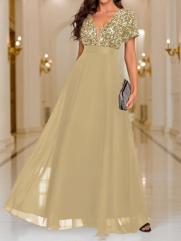 Elegant Sequin Maxi Dress for Women with V Neck Short Sleeve Empire Waist Flowing Formal Wedding Guest Style