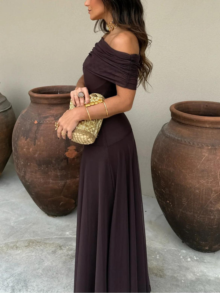 Elegant Mesh Maxi Dress for Women with Off Shoulder Ruched Sleeve Sheer Flowing Style