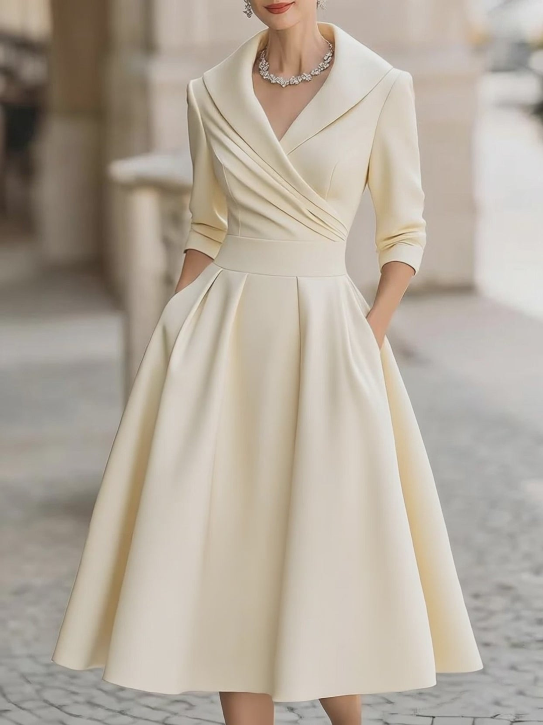 Elegant Satin Midi Dress for Women with Wrap V Neck Elbow Sleeve Pleated A Line Cocktail Style