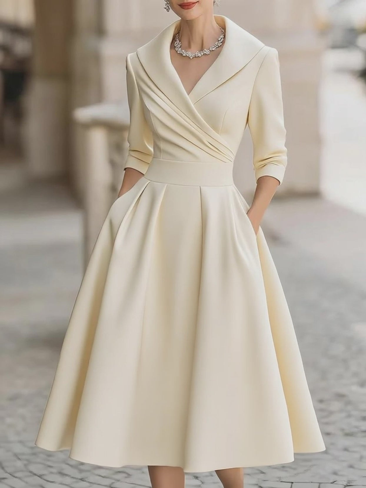 Elegant Satin Midi Dress for Women with Wrap V Neck Elbow Sleeve Pleated A Line Cocktail Style