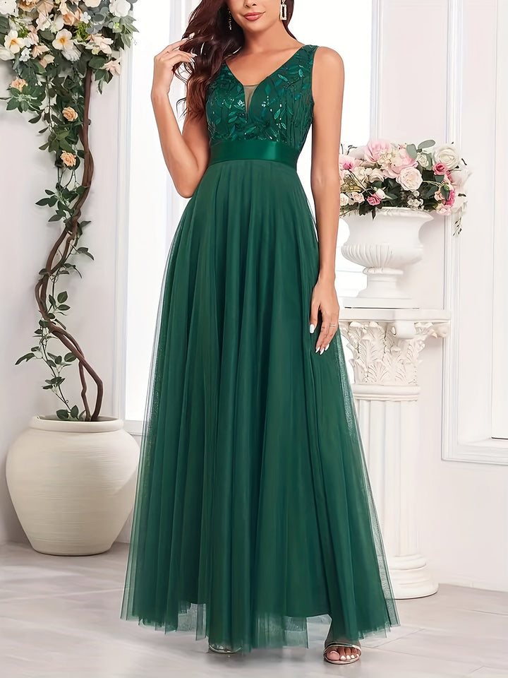 Elegant Embroidered Sequin Maxi Dress for Women with V Neck Sleeveless A Line Formal Wedding Guest Style