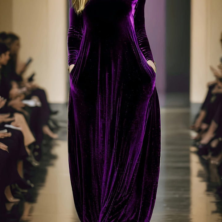 Elegant Velvet Maxi Dress for Women with Scoop Neck Long Sleeve Flowing Caftan Style
