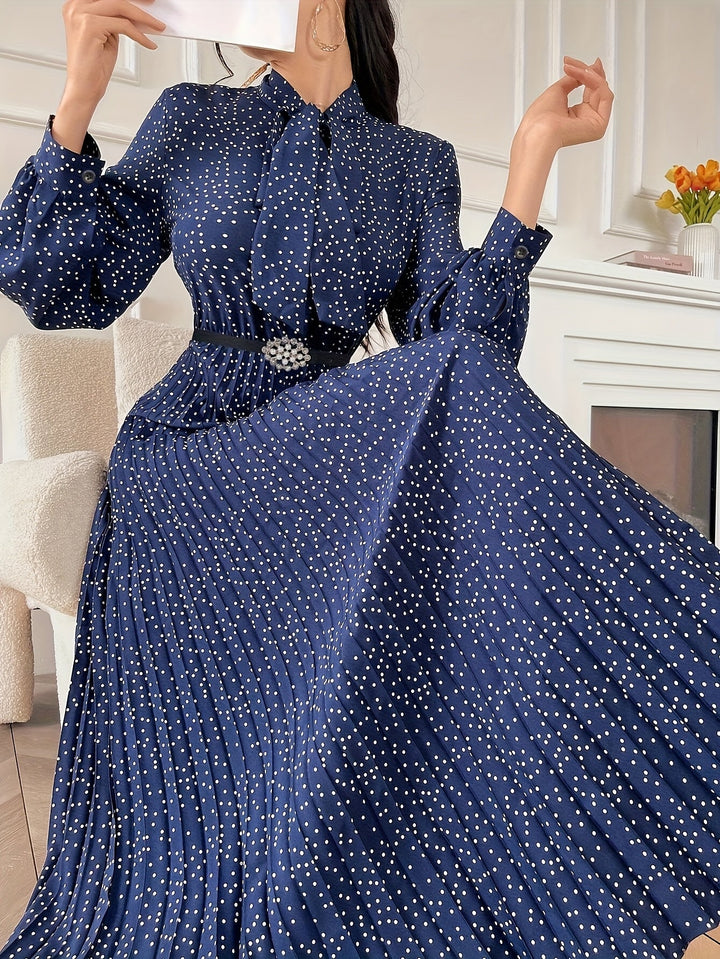 Elegant Polka Dot Maxi Dress for Women with Tie Neck Long Sleeve Pleated Belted Flowing Style